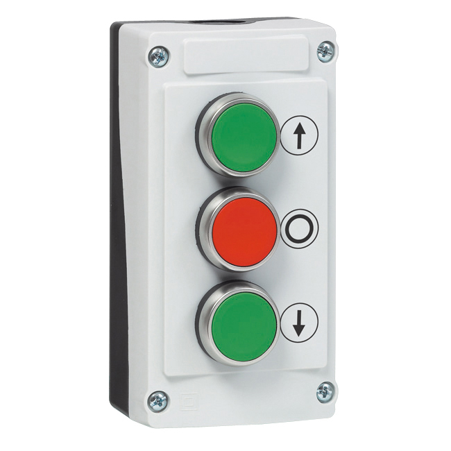 LBX30430 3 drukknoppen in behuizing, groen/rood/groen, spring-return, NO/NC/NO