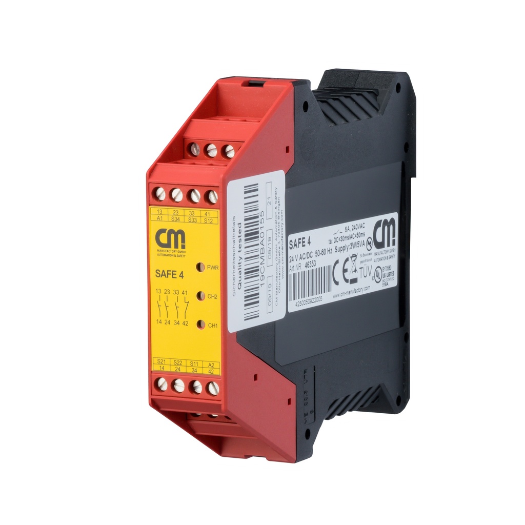 SAFE 4 Veiligheidsrelais voor noodstoppen 24V AC/DC 3xNO+1xNC, met startbewaking (Riese AR.9659.2000)