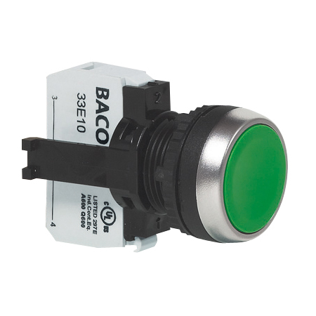 L21AA02A Drukknop Groen, Spring return, Flush, met NO contact, 22-serie