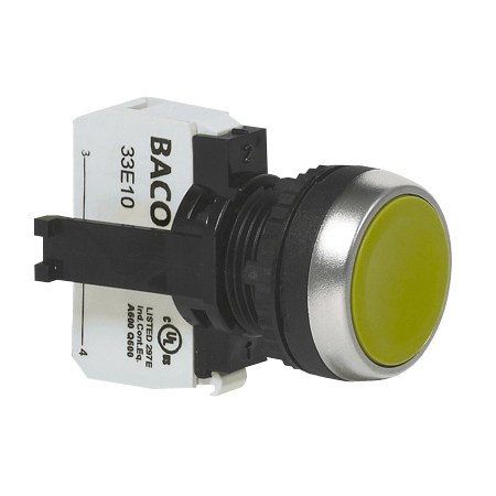 L21AA04C Drukknop Geel, Spring return, Flush, met NO contact, 22-serie