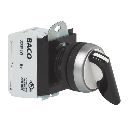L21MU03B Selectieschakelaar Zwart, Spring return van beide kanten, 45°, met 2xNO contact, 22-serie