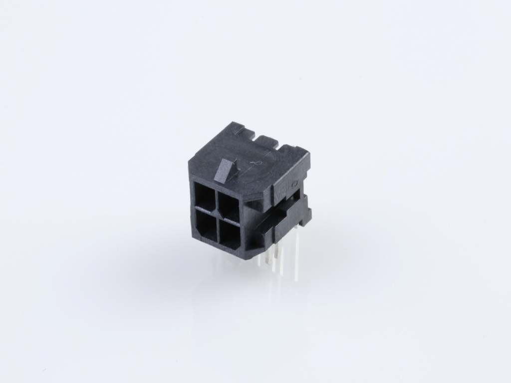 43045-0422 Micro-Fit 3.0 Right-Angle Header, Dual Row, 4 Circuits, with PCB Press-fit Metal Retention Clip, Gold