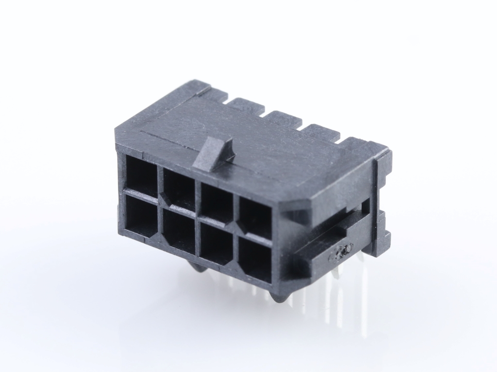 43045-0802 Micro-Fit 3.0 Right-Angle Header, Dual Row, 8 Circuits, with Snap-in Plastic Peg PCB Lock, Gold