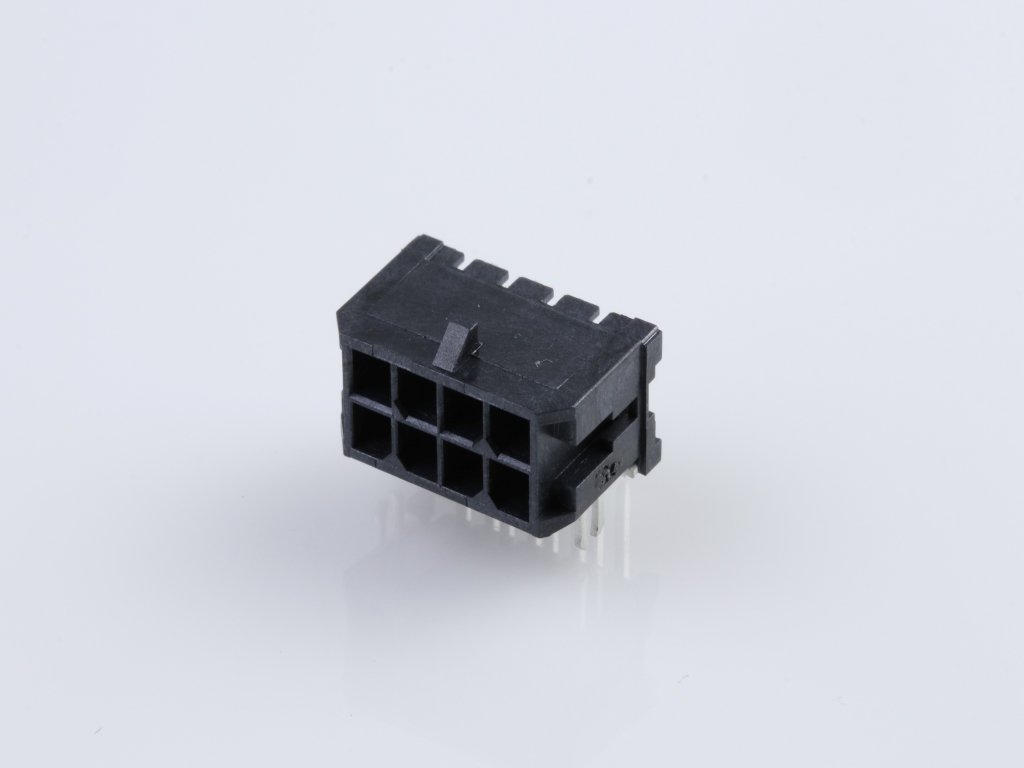 43045-0822 Micro-Fit 3.0 Right-Angle Header, Dual Row, 8 Circuits, with PCB Press-fit Metal Retention Clip, Gold
