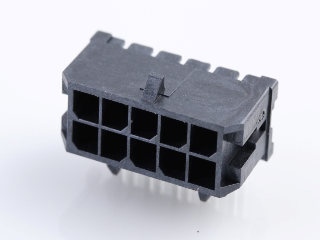 43045-1002 Micro-Fit 3.0 Right-Angle Header, Dual Row, 10 Circuits, with Snap-in Plastic Peg PCB Lock, Gold