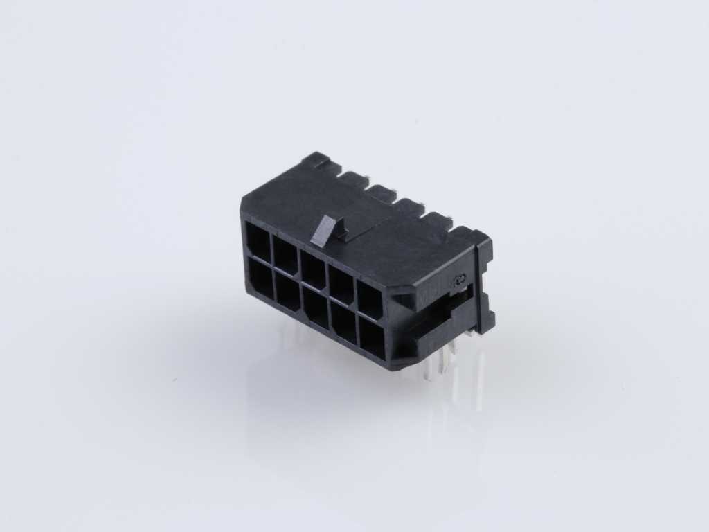 43045-1022 Micro-Fit 3.0 Right-Angle Header, Dual Row, 10 Circuits, with PCB Press-fit Metal Retention Clip, Gold