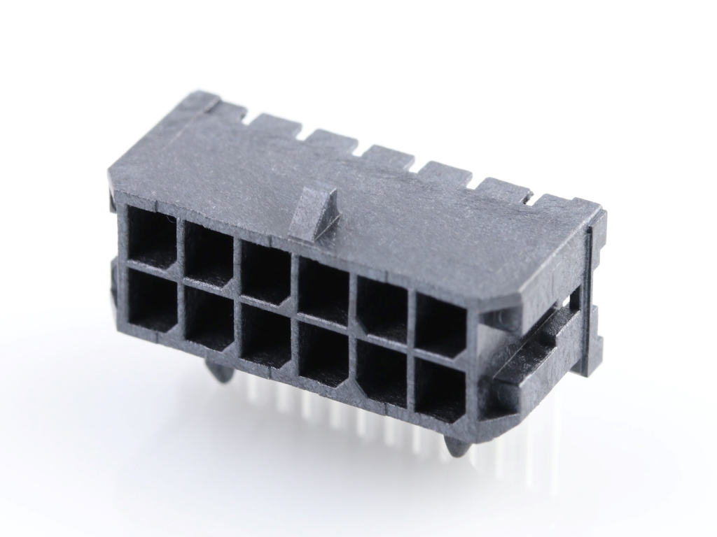 43045-1202 Micro-Fit 3.0 Right-Angle Header, Dual Row, 12 Circuits, with Snap-in Plastic Peg PCB Lock, Gold