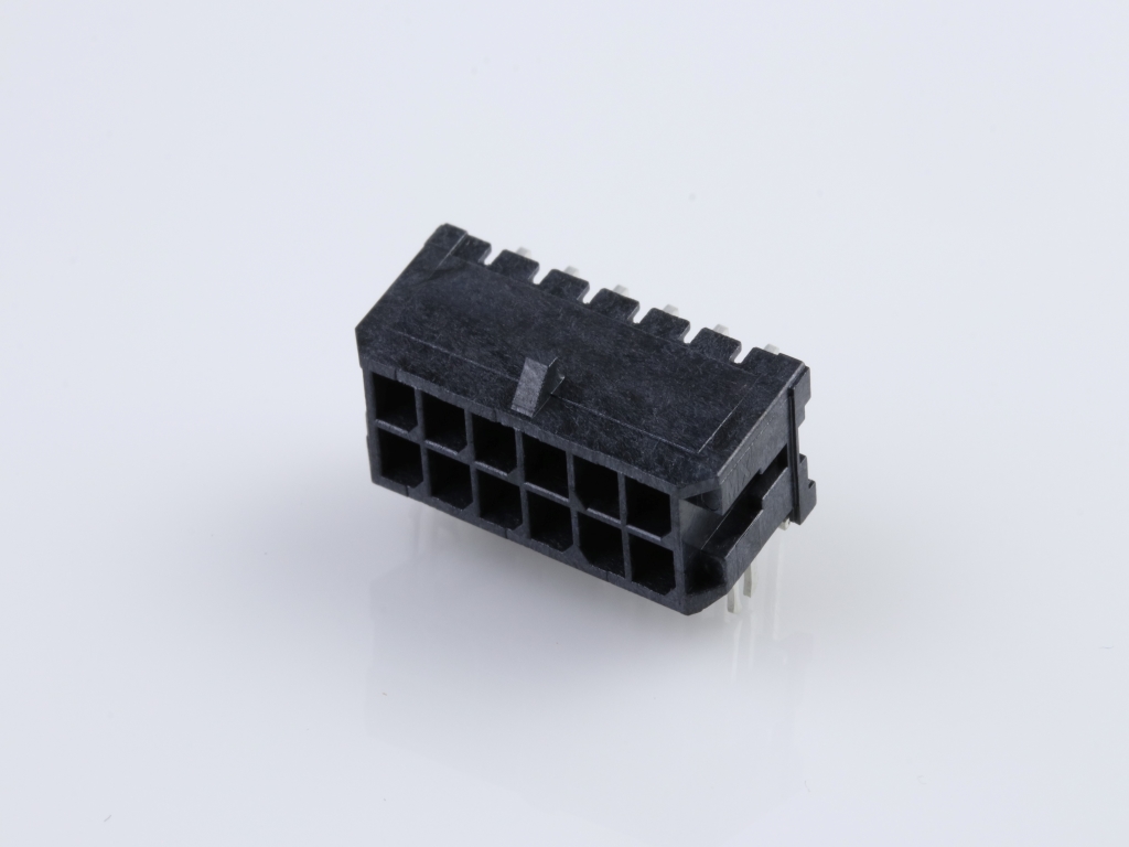 43045-1221 Micro-Fit 3.0 Right-Angle Header, Dual Row, 12 Circuits, with PCB Press-fit Metal Retention Clip, Tin