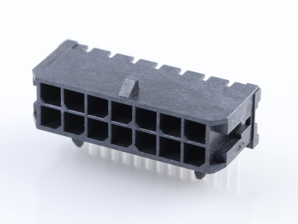 43045-1402 Micro-Fit 3.0 Right-Angle Header, Dual Row, 14 Circuits, with Snap-in Plastic Peg PCB Lock, Gold