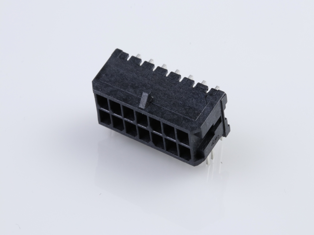 43045-1422 Micro-Fit 3.0 Right-Angle Header, Dual Row, 14 Circuits, with PCB Press-fit Metal Retention Clip, Gold