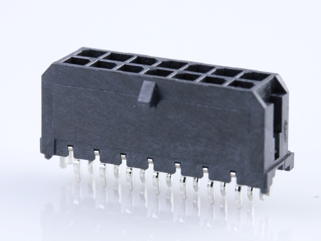 43045-1425 Micro-Fit 3.0 Vertical Header, Dual Row, 14 Circuits, with  PCB Press-fit Metal Retention Clip, Gold