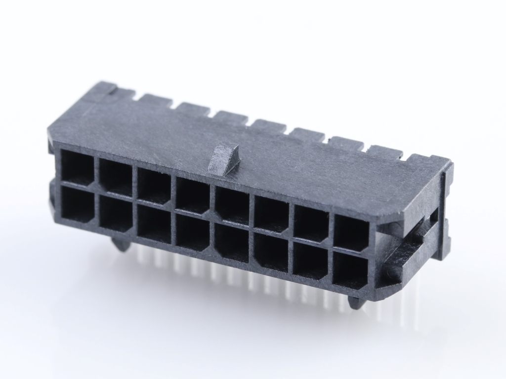 43045-1602 Micro-Fit 3.0 Right-Angle Header, Dual Row, 16 Circuits, with Snap-in Plastic Peg PCB Lock, Gold