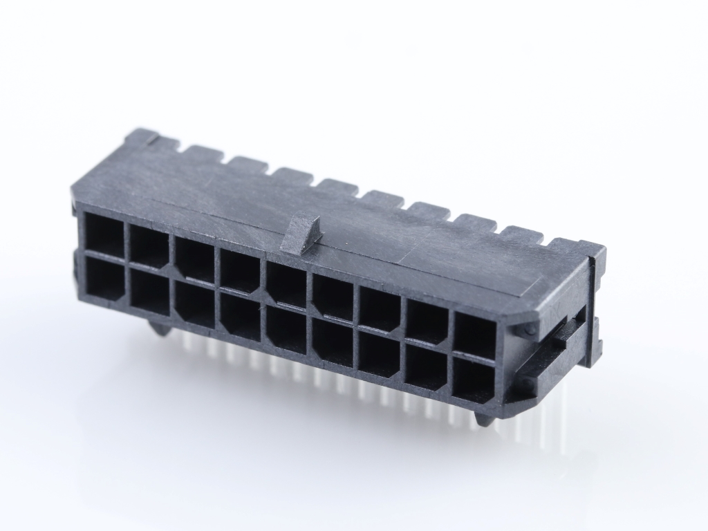 43045-1802 Micro-Fit 3.0 Right-Angle Header, Dual Row, 18 Circuits, with Snap-in Plastic Peg PCB Lock, Gold