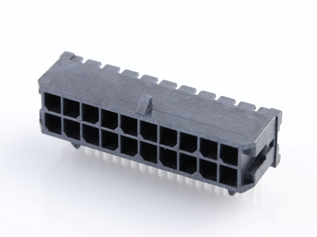 43045-2002 Micro-Fit 3.0 Right-Angle Header, Dual Row, 20 Circuits, with Snap-in Plastic Peg PCB Lock, Gold