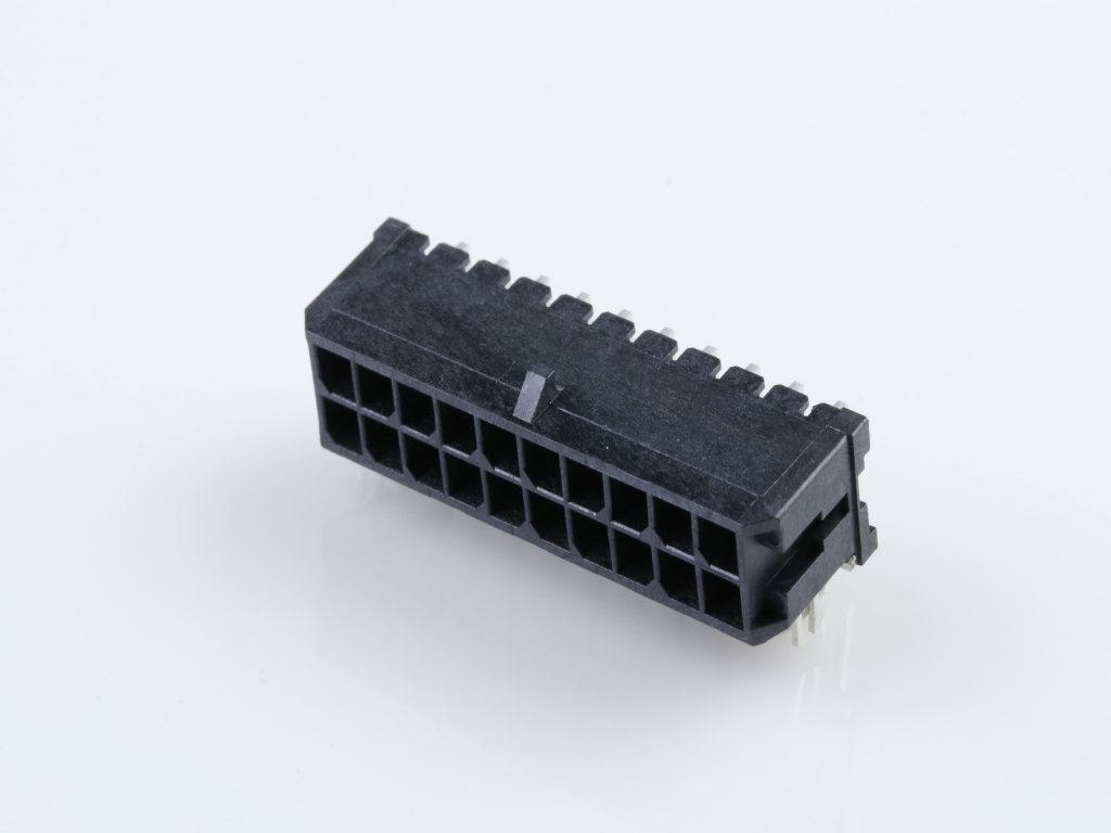 43045-2022 Micro-Fit 3.0 Right-Angle Header, Dual Row, 20 Circuits, with PCB Press-fit Metal Retention Clip, Gold