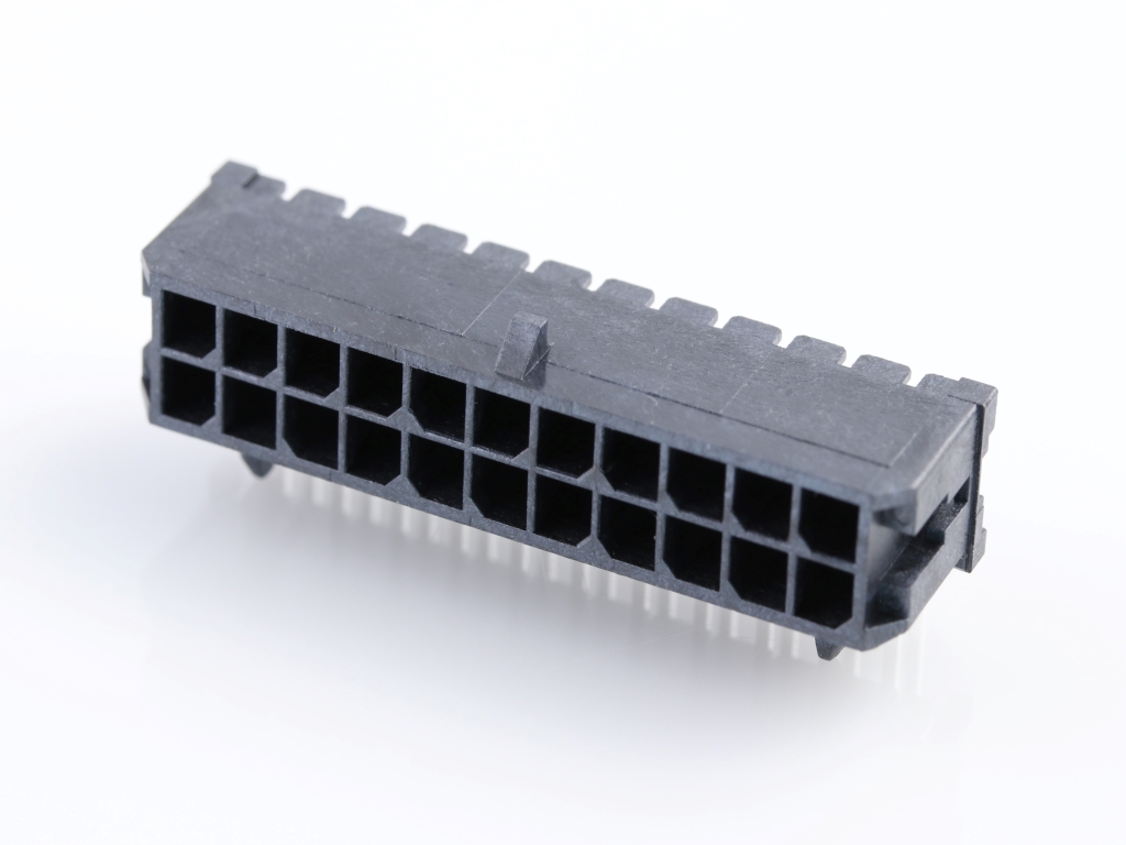 43045-2201 Micro-Fit 3.0 Right-Angle Header, Dual Row, 22 Circuits, with Snap-in Plastic Peg PCB Lock, Gold