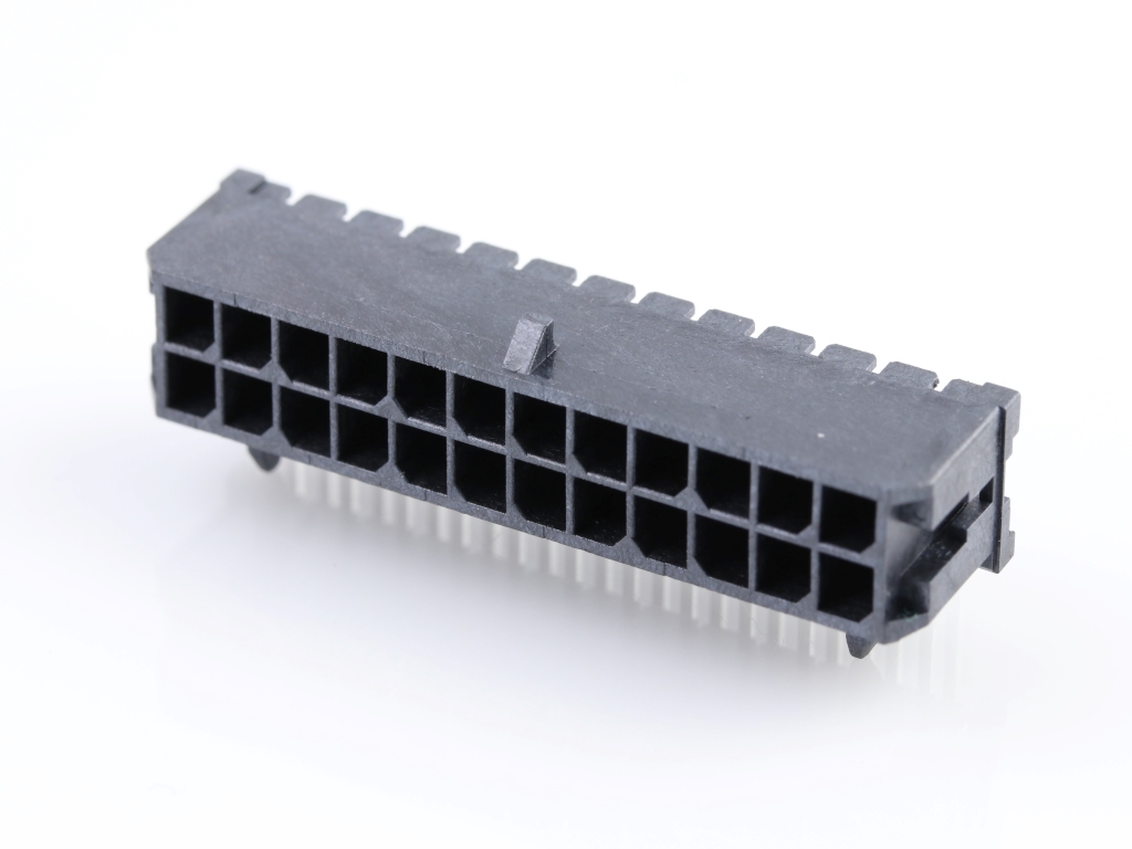 43045-2402 Micro-Fit 3.0 Right-Angle Header, Dual Row, 24 Circuits, with Snap-in Plastic Peg PCB Lock, Gold