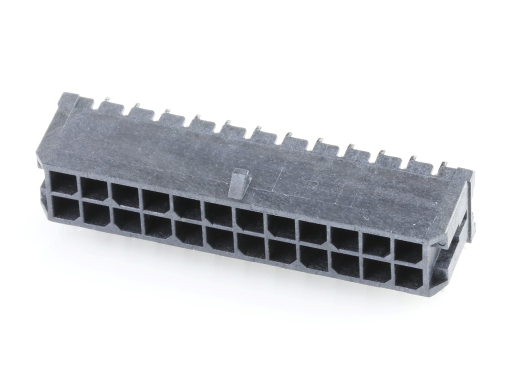 43045-2423 Micro-Fit 3.0 Right-Angle Header, Dual Row, 24 Circuits, with PCB Press-fit Metal Retention Clip, Gold