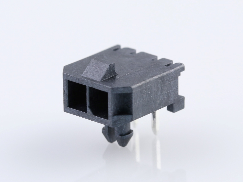43650-0202 Micro-Fit 3.0 Right-Angle Header, Single Row, 2 Circuits, with Snap-in Plastic Peg PCB Lock, Gold