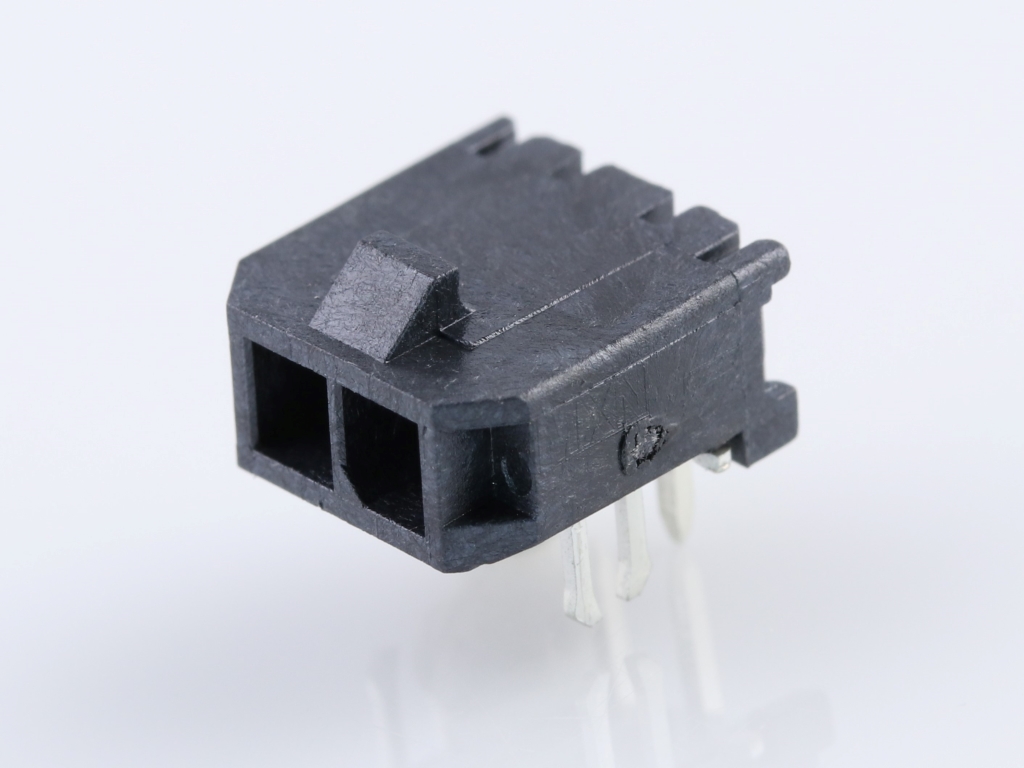 43650-0203 Micro-Fit 3.0 Right-Angle Header, Single Row, 2 Circuits, with PCB Press-fit Metal Retention Clip, Tin