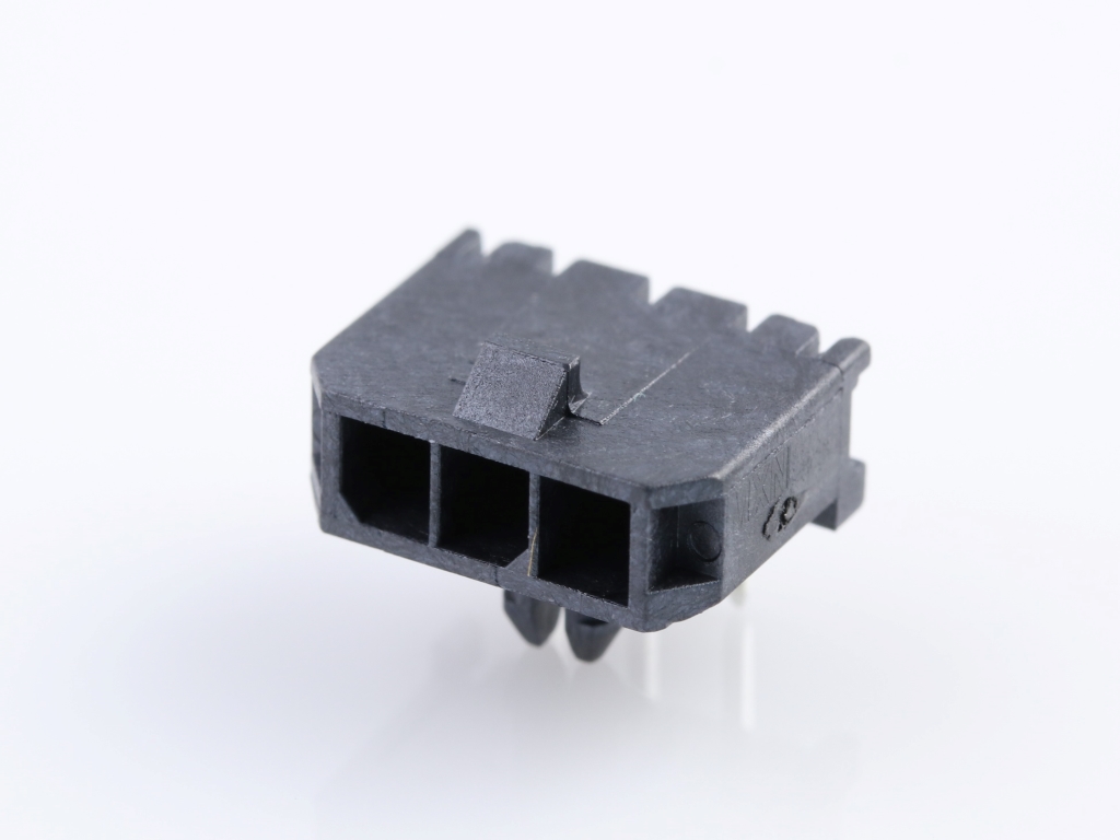 43650-0302 Micro-Fit 3.0 Right-Angle Header, Single Row, 3 Circuits, with Snap-in Plastic Peg PCB Lock, Gold