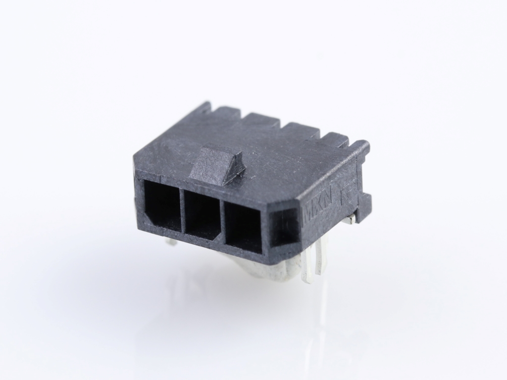 43650-0303 Micro-Fit 3.0 Right-Angle Header, Single Row, 3 Circuits, with PCB Press-fit Metal Retention Clip, Tin