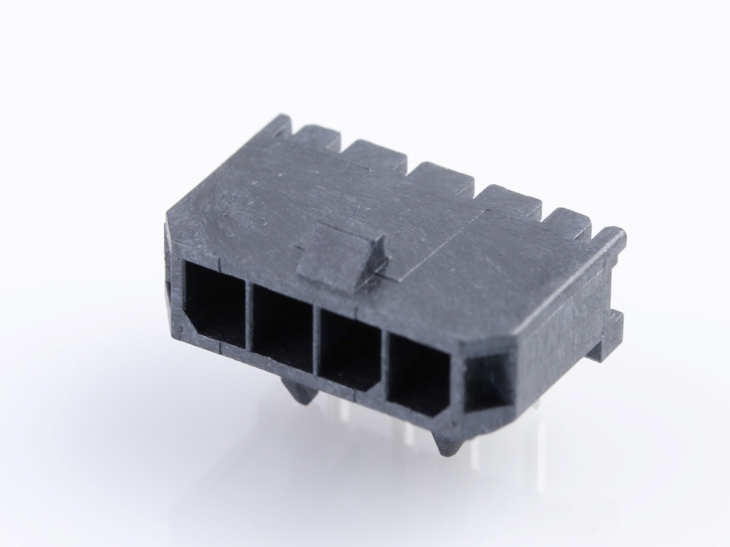 43650-0401 Micro-Fit 3.0 Right-Angle Header, Single Row, 4 Circuits, with Snap-in Plastic Peg PCB Lock, Gold