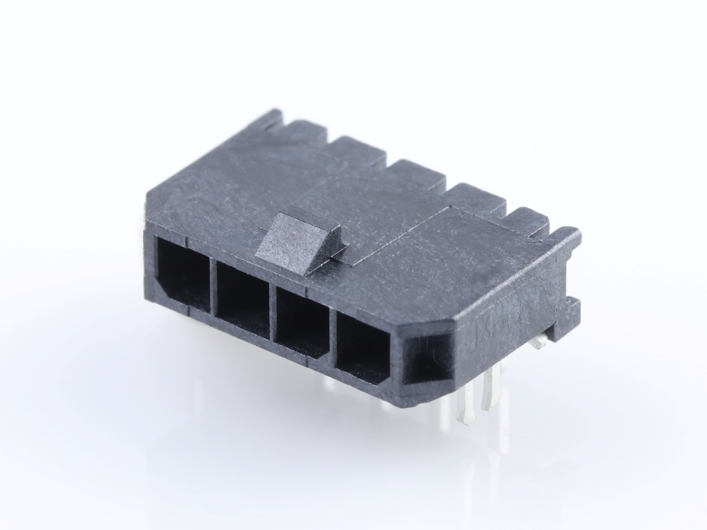 43650-0404 Micro-Fit 3.0 Right-Angle Header, Single Row, 4 Circuits, with PCB Press-fit Metal Retention Clip, Gold