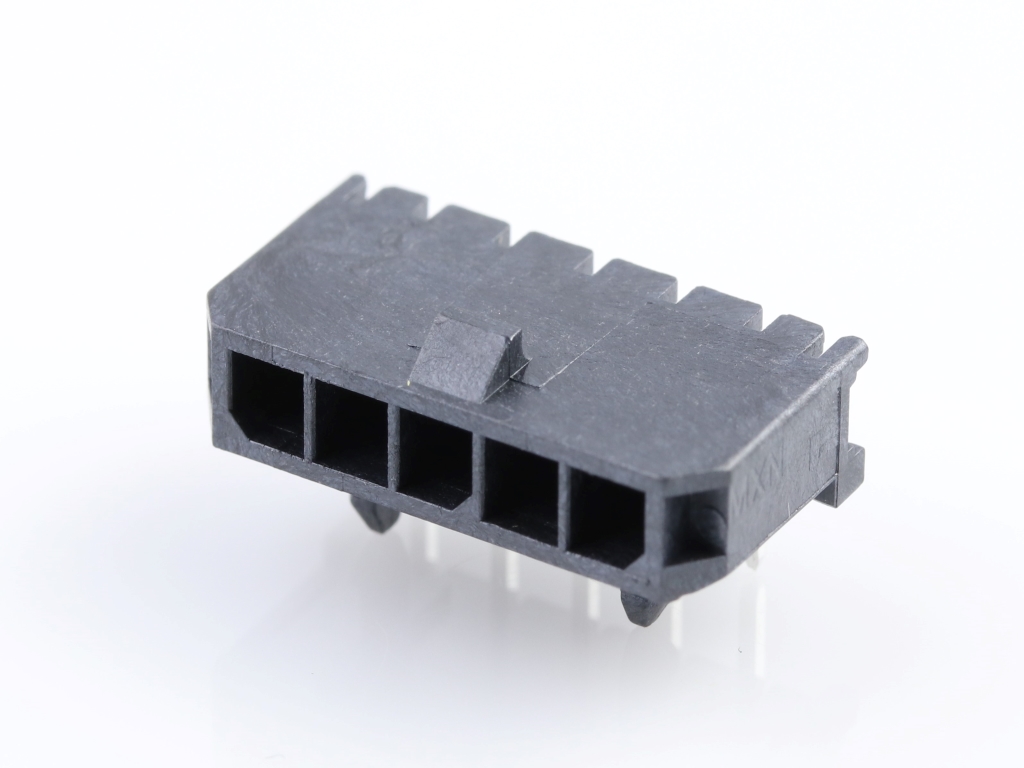 43650-0502 Micro-Fit 3.0 Right-Angle Header, Single Row, 5 Circuits, with Snap-in Plastic Peg PCB Lock, Gold