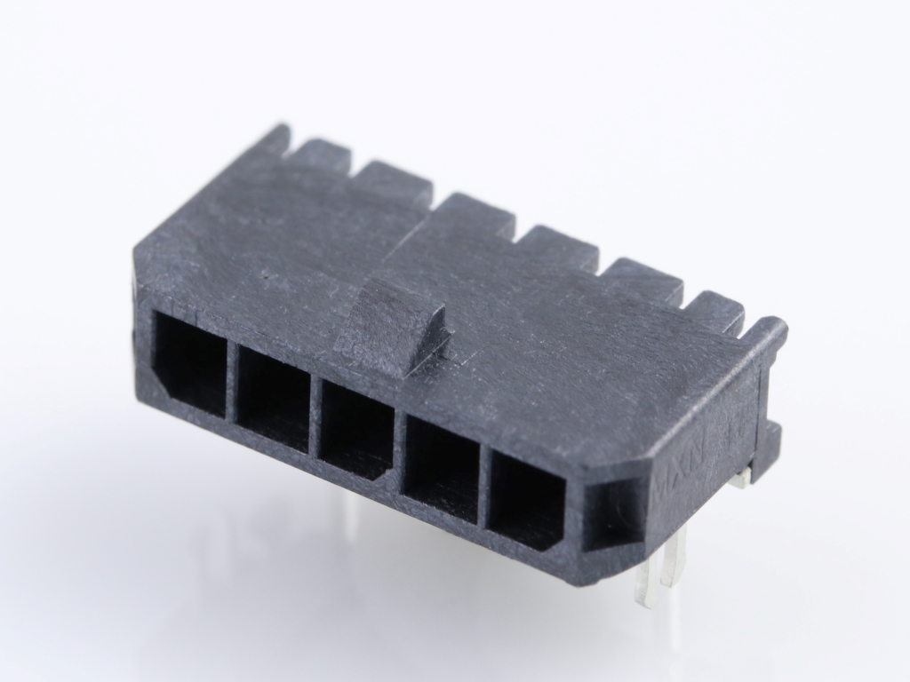 43650-0504 Micro-Fit 3.0 Right-Angle Header, Single Row, 5 Circuits, with PCB Press-fit Metal Retention Clip, Gold