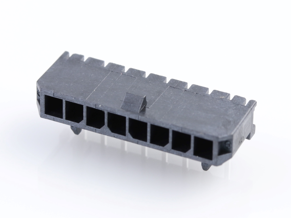 43650-0801 Micro-Fit 3.0 Right-Angle Header, Single Row, 8 Circuits, with Snap-in Plastic Peg PCB Lock, Gold