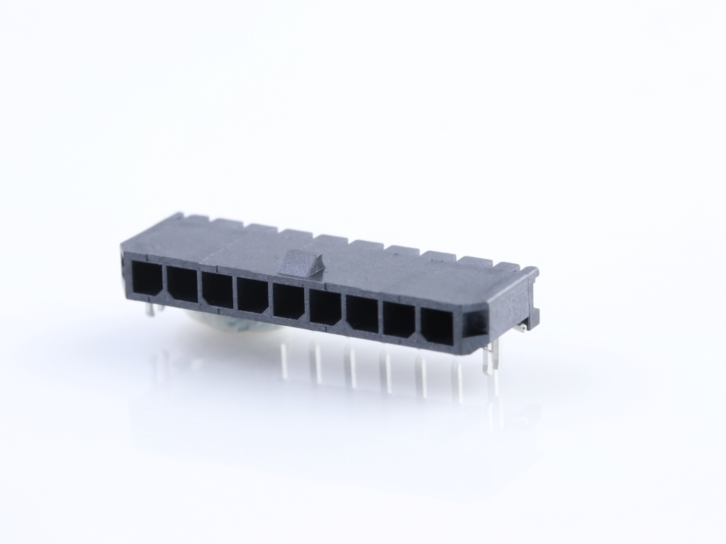 43650-0904 Micro-Fit 3.0 Right-Angle Header, Single Row, 9 Circuits, with PCB Press-fit Metal Retention Clip, Gold