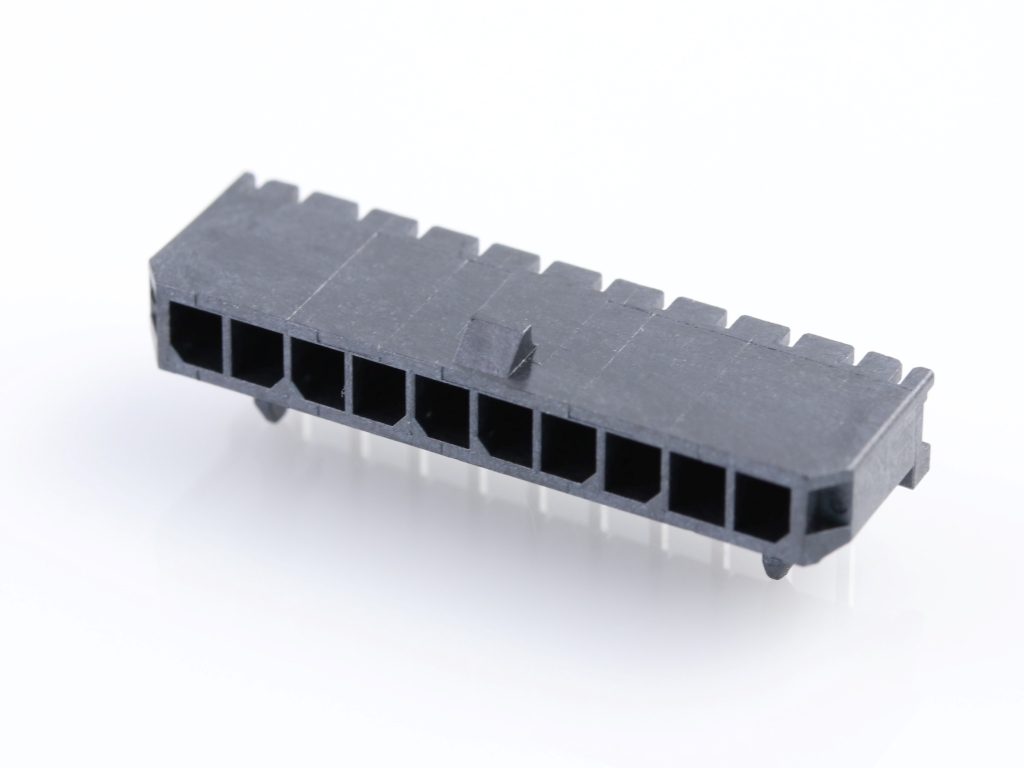 43650-1000 Micro-Fit 3.0 Right-Angle Header, Single Row, 10 Circuits,  with Snap-in Plastic Peg PCB Lock, Tin