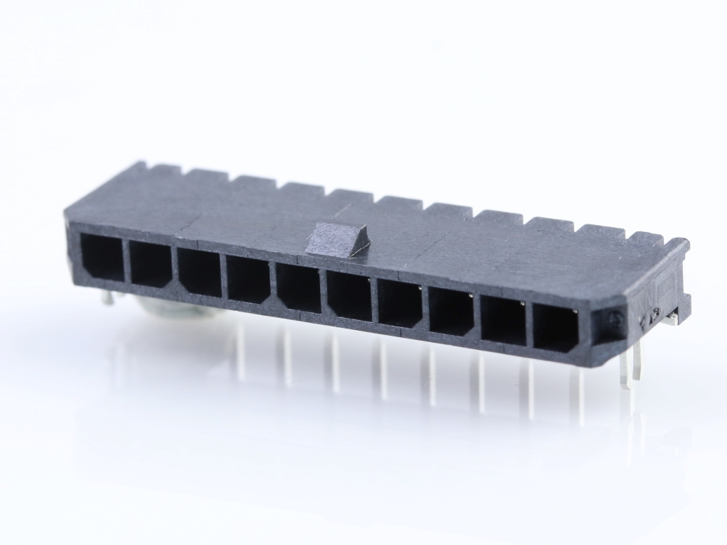 43650-1004 Micro-Fit 3.0 Right-Angle Header, Single Row, 10 Circuits,  with PCB Press-fit Metal Retention Clip, Gold