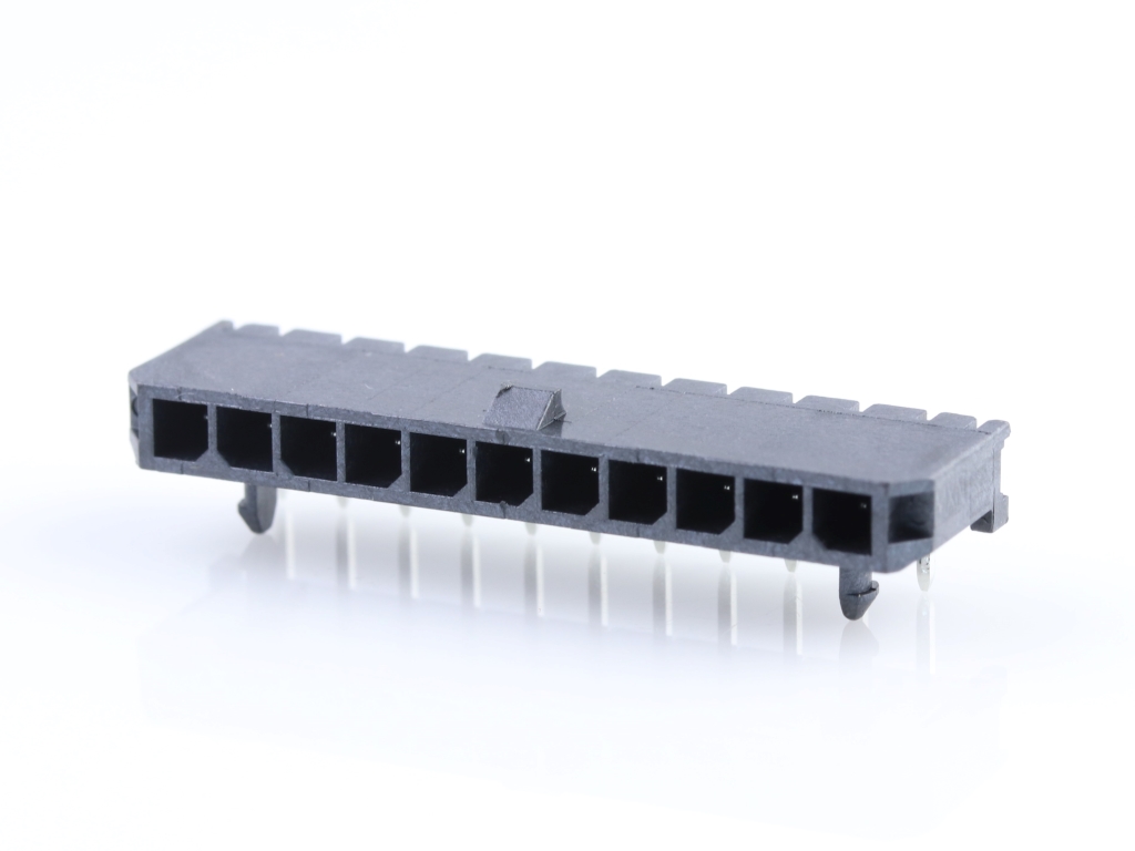 43650-1101 Micro-Fit 3.0 Right-Angle Header, Single Row, 11 Circuits,  with Snap-in Plastic Peg PCB Lock, Gold