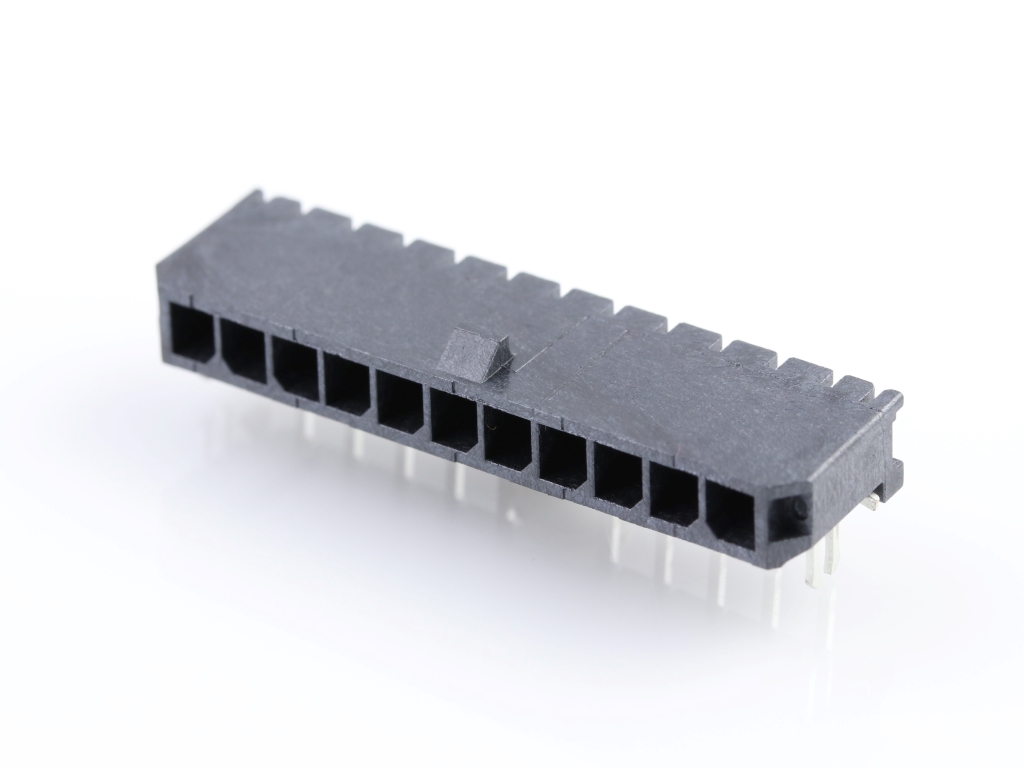 43650-1103 Micro-Fit 3.0 Right-Angle Header, Single Row, 11 Circuits,  with PCB Press-fit Metal Retention Clip, Tin