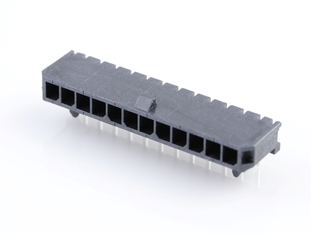 43650-1201 Micro-Fit 3.0 Right-Angle Header, Single Row, 12 Circuits,  with Snap-in Plastic Peg PCB Lock, Gold