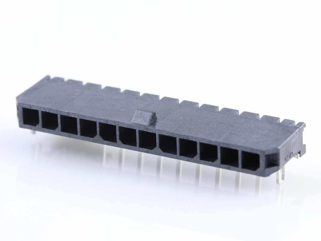 43650-1204 Micro-Fit 3.0 Right-Angle Header, Single Row, 12 Circuits,  with PCB Press-fit Metal Retention Clip, Gold