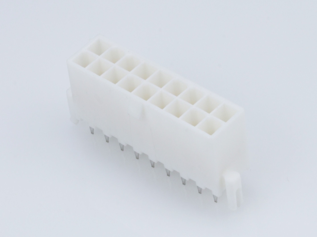 39-28-9188 Mini-Fit Jr. Vertical Header, Dual Row, 18 Circuits, with Snap-in Plastic Peg PCB Lock, Gold