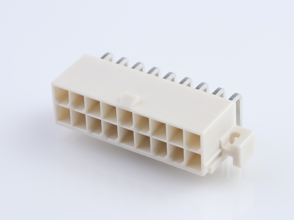 39-29-1187 Mini-Fit Jr. Header, Dual Row, Right-Angle, with PCB Mounting Flange, 18  Circuits, Tin (Sn) Plating