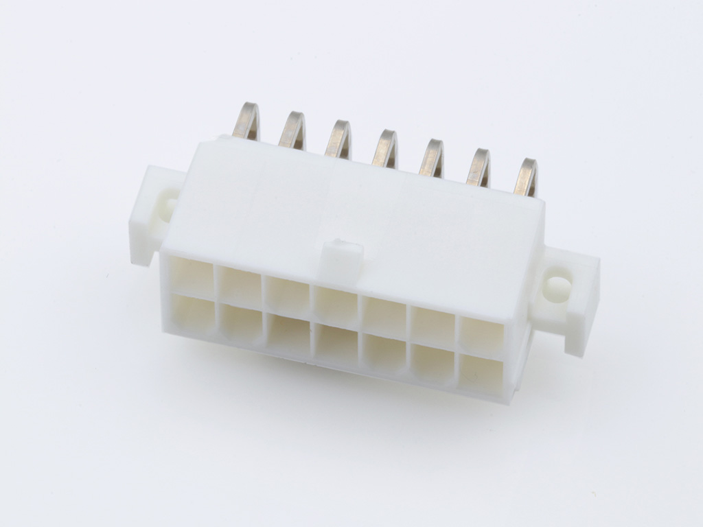 39-29-4149 Mini-Fit Jr. Header, Dual Row, Right-Angle, with PCB Mounting Flange, 14  Circuits, Gold (Au) Plating